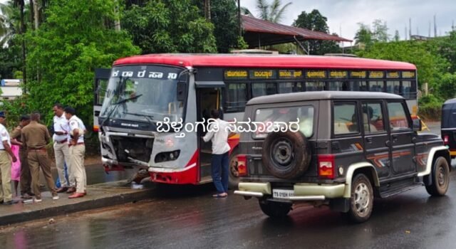 ಬೆಳ್ತಂಗಡಿ; ಫುಟ್ಪಾತ್ ಮೇಲೇರಿದ ಕೆ.ಎಸ್.ಆರ್.ಟಿಸಿ ಬಸ್