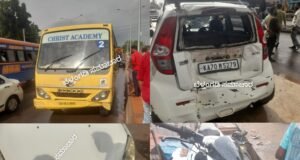 ಉಜಿರೆ; ಖಾಸಗಿ ಶಾಲಾ ಬಸ್ ನಿಂದ ಸರಣಿ ಅಪಘಾತ ಹಲವು ವಾಹನಗಳು ಜಖಂ