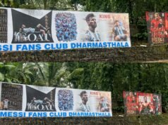 ನಮ್ಮೂರಿಗೂ ಬಂದ ವಿಶ್ವಕಪ್ ಫುಟ್ಬಾಲ್ ಪ್ರೀತಿ ಧರ್ಮಸ್ಥಳದಲ್ಲಿ ರಾರಾಜಿಸುತ್ತಿದೆ ಮೆಸ್ಸಿ, ರೊನಾಲ್ಡೊ ಫ್ಲೆಕ್ಸ್ ಗಳು